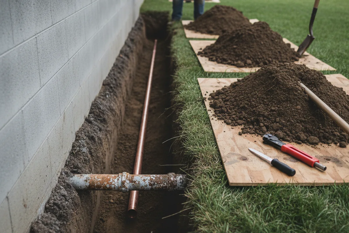 Excavated water line trench during Sewer Line Repair in Bowie